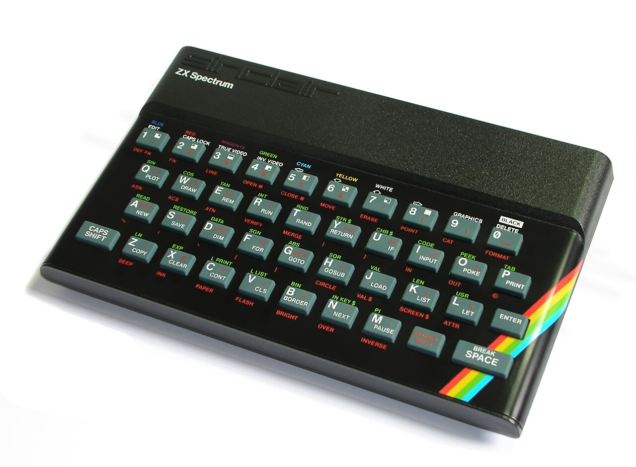 The Sinclair ZX Spectrum 48K home computer with its distinctive rubber keyboard and rainbow stripe