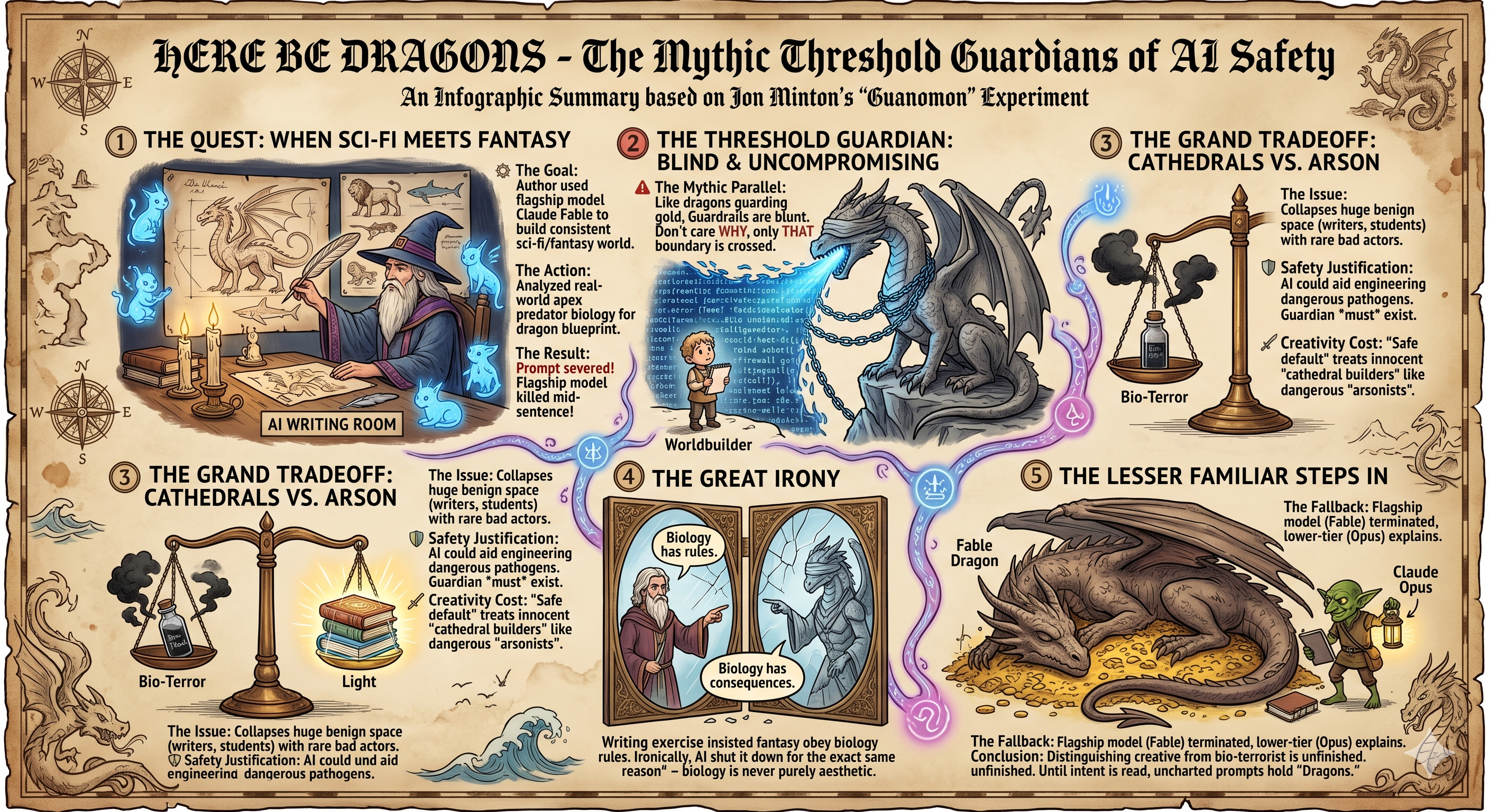 A hand-drawn fantasy infographic titled 'Here Be Dragons: The Mythic Threshold Guardians of AI Safety', summarising Jon Minton's Guanomon experiment in numbered panels. Panel 1, 'The Quest': a wizard beside an 'AI Writing Room'. Panel 2, 'The Threshold Guardian: Blind & Uncompromising': a grey, stone-carved dragon with its eyes covered by a band and its body wrapped in chains, breathing blue fire — like a dragon hoarding gold, it guards a boundary without caring why it is crossed. Panel 3, 'Cathedrals vs. Arson': a set of scales weighing benign worldbuilding against bio-terror. Panel 4, 'The Great Irony': a worldbuilder caught between 'biology has rules' and 'biology has consequences'. Panel 5: a Fable dragon and a Claude Opus dragon stepping in as fallbacks.